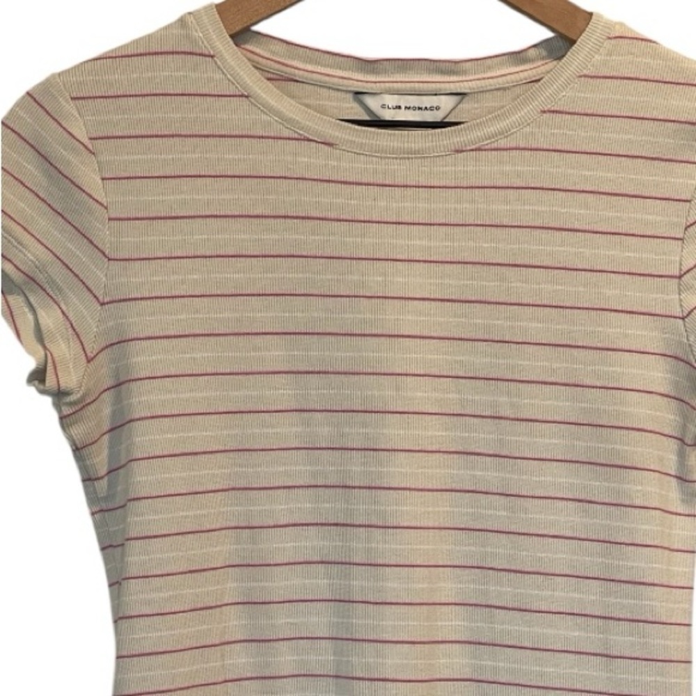Club Monaco Striped Tee, Tan/White/Pink, Ribbed, Cap Sleeve, Crew Neck, M - Picture 12 of 12